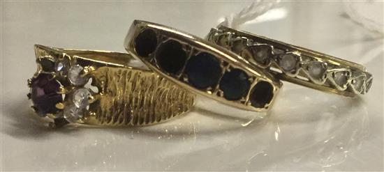 Three various stone/paste-set rings marked 9ct (losses)